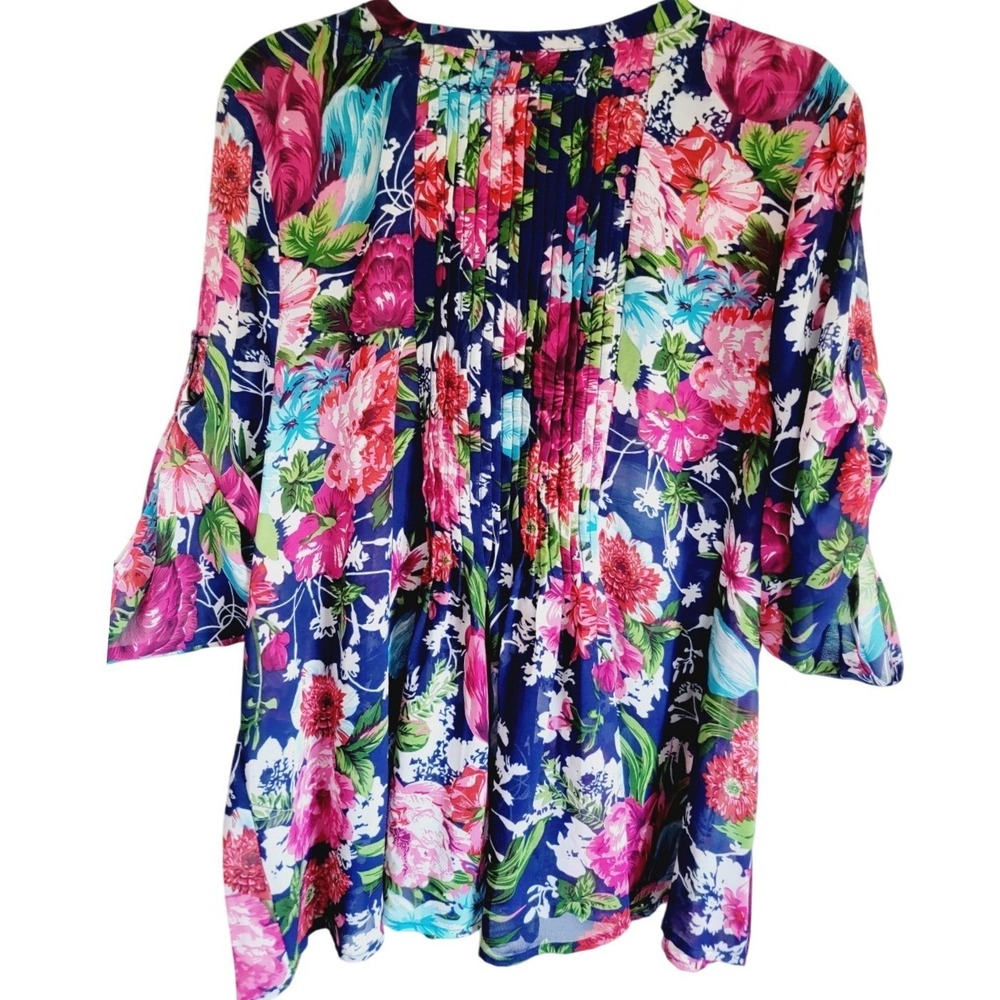 Roamans Womens 20W Blue Floral Pleated V-Neck Roll Tab Sleeve Chiffon Blouse - Picture 4 of 13